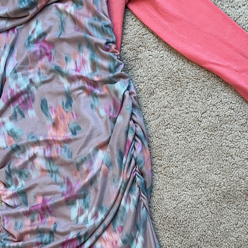 Steve Madden Watercolor Ruched Cowl-Neck Midi Dress in Pink, Gray and Teal - Picture 4 of 6